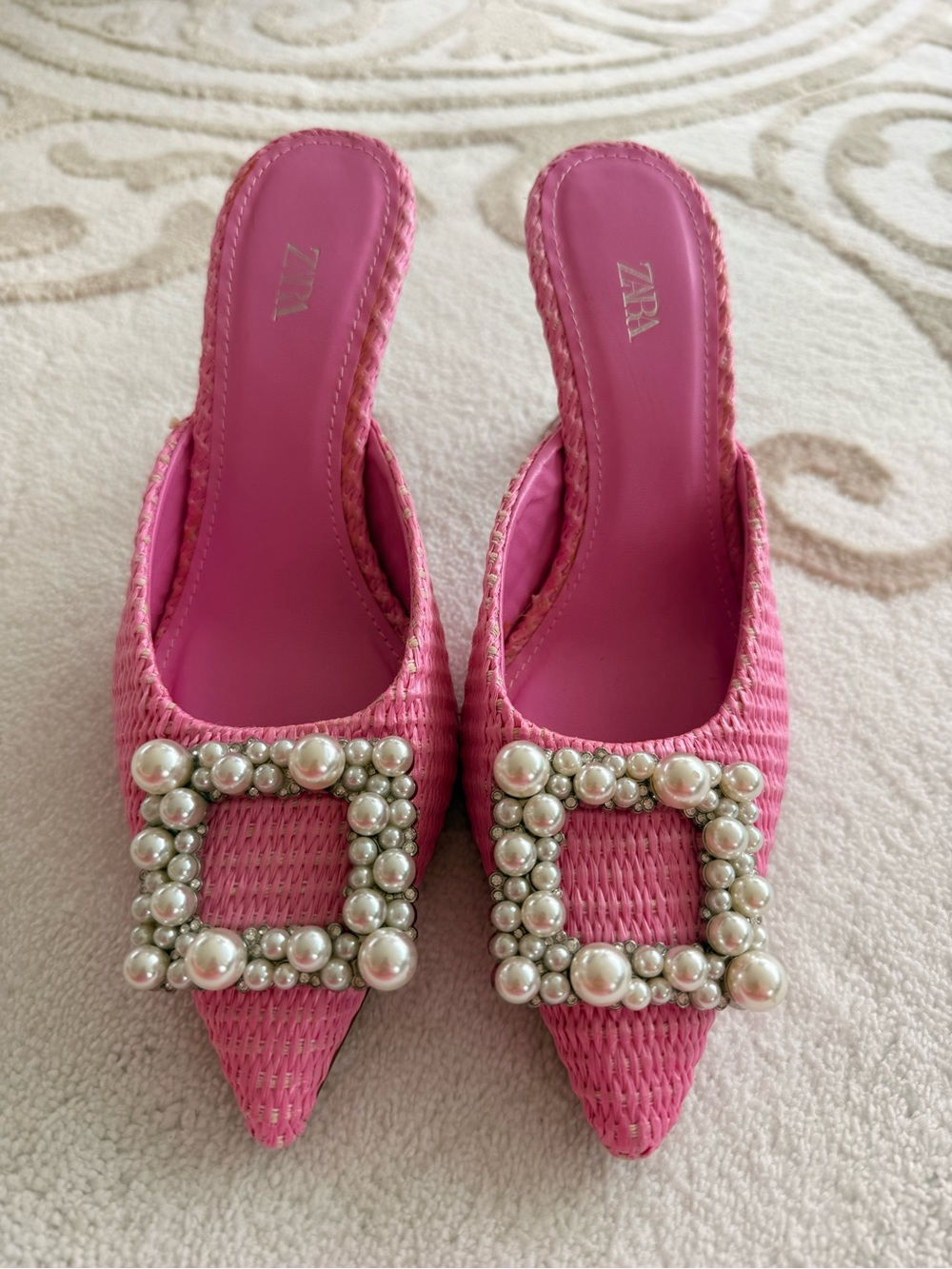 Zara Pink Pearl-Embellished Pointed Mule